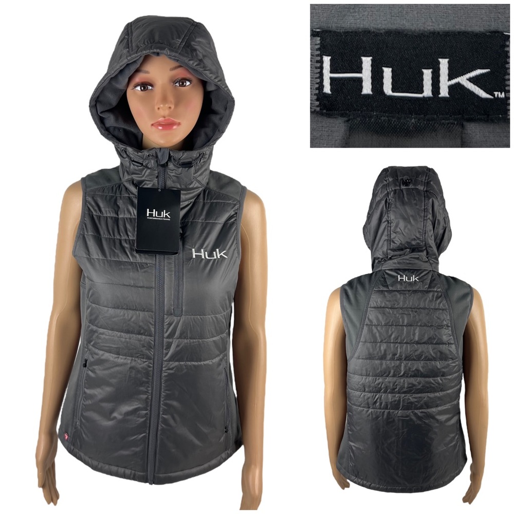Huk Womens Small Vest Tetra Hooded Gray Full Zip Quilted Fishing Outdoor Winter